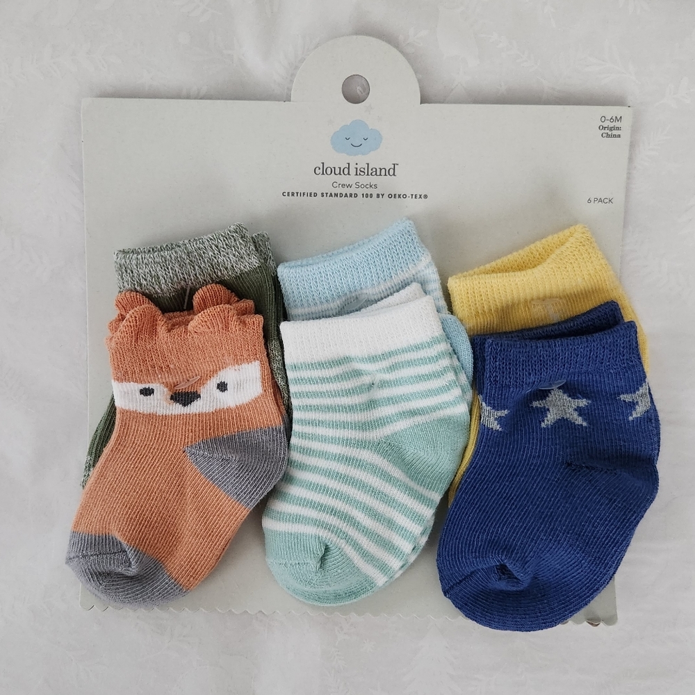 💕✨️NWT Cloud Island 6-pack baby socks 0-6 months blue stars animal print